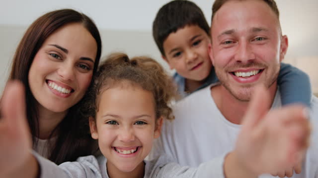 Face, love and happy family with selfie in a bedroom for fun, bond and playing at home together. Portrait, smile and kids with parents in house with profile picture, photography or staycation memory