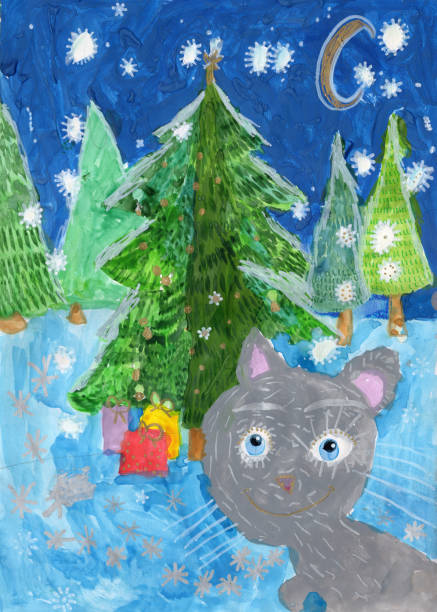 istock Kitten, New Year's gifts under the Christmas tree and starry night sky. Hand drawn Watercolor and Gouache painting 1846625105