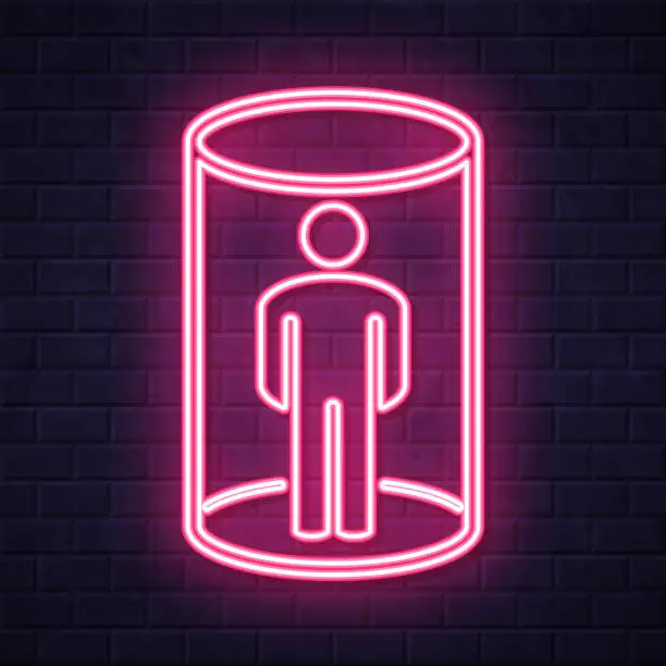 Vector illustration of Person placed in isolation. Glowing neon icon on brick wall background