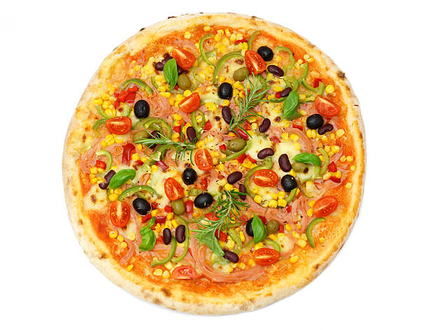 istock Full Italian pizza with meat and vegetables over white 184663996