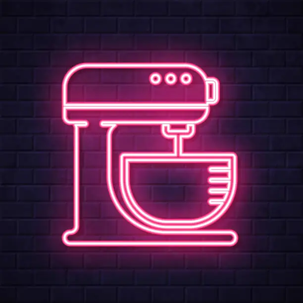 Vector illustration of Stand mixer. Glowing neon icon on brick wall background