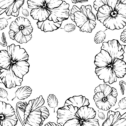 Pansies. Summer delicate flowers. Frame for dext. Save the date. Illustration drawn in ink. For design of cards, textiles, backgrounds, packaging.