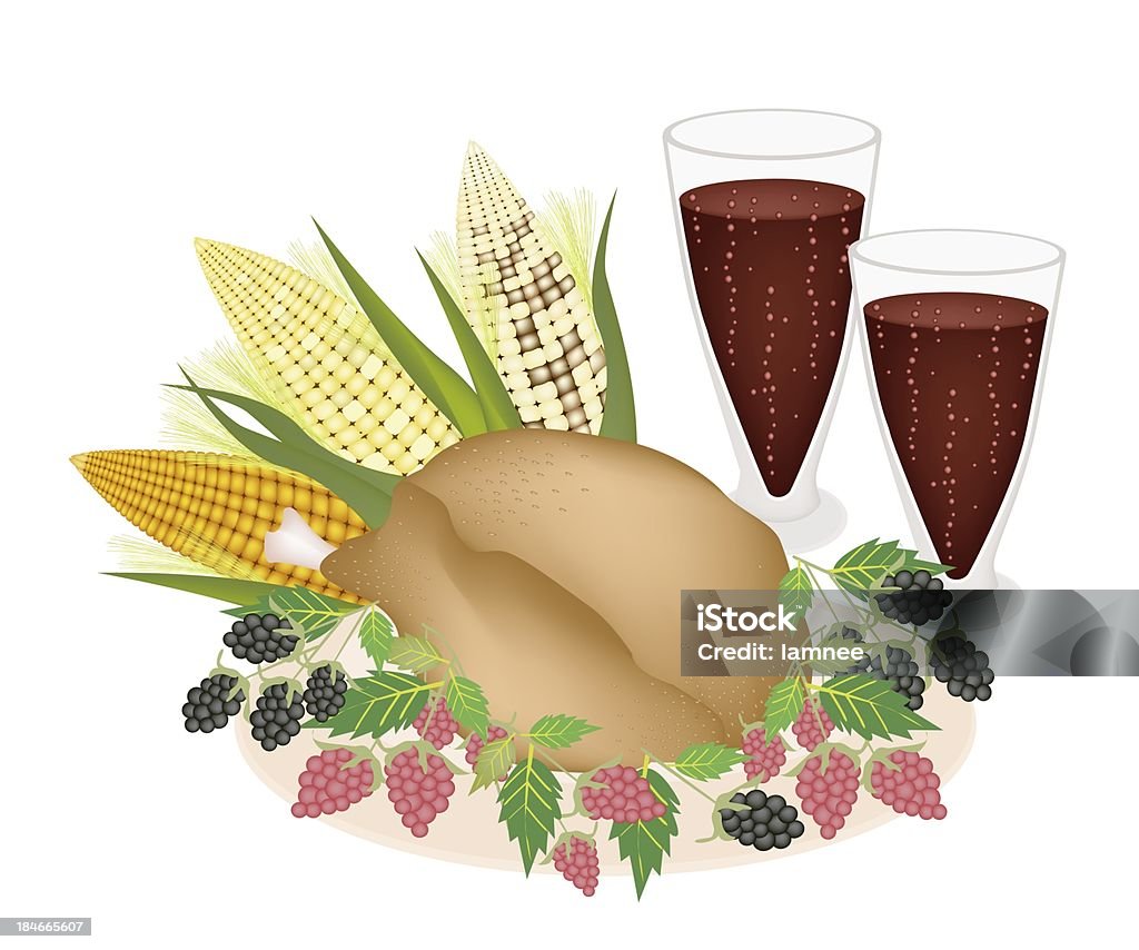 Délicieux dinde rôtie, maïs doux, Berry fruits frais et des jus de fruits - Illustration de Aliment libre de droits