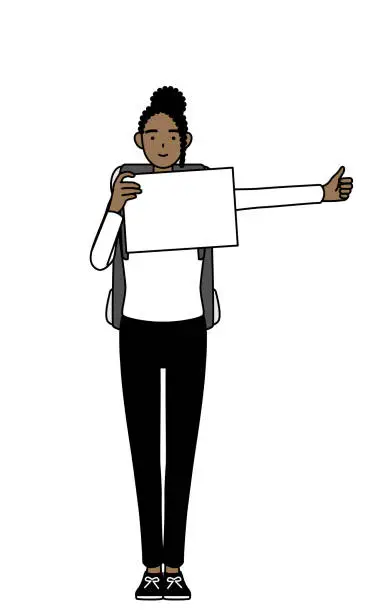 Vector illustration of African-American woman hitchhiking with a smile