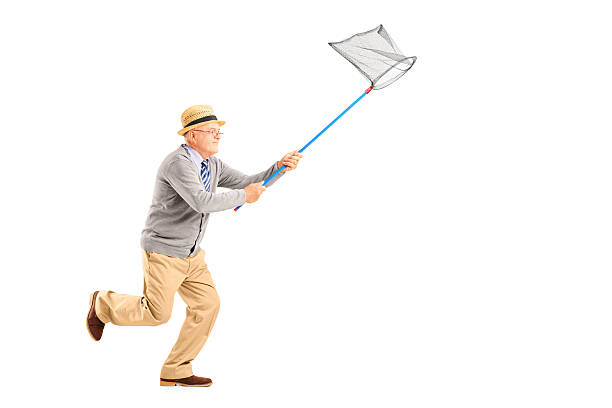 istock Mature man running with butterfly net 184666158