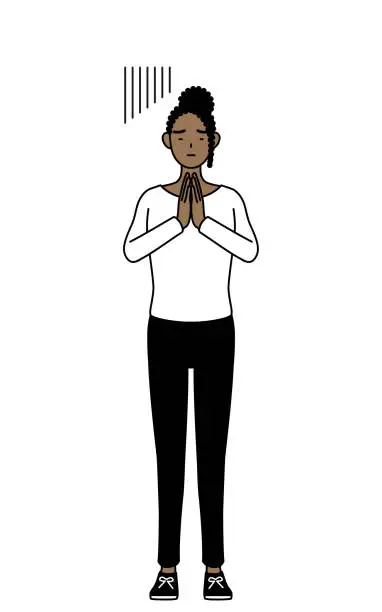 Vector illustration of African-American woman apologizing with her hands in front of her body.