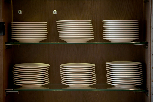 Hotel catering tea break package - stacked clean saucers ready to use