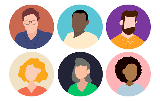 Young adult diverse group of people flat color vector characters, profile heads pack. Colorful avatar icons. Illustration bundle for web design, social media and mobile apps