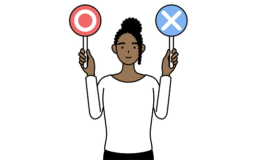 African-American woman holding a placard indicating correct and incorrect answers.