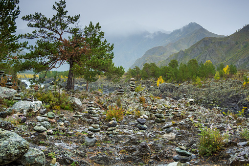 Pebbles stacked on rocky landscape at Altai