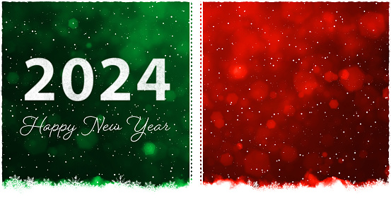 Bright red maroon and green colored horizontal background with text Happy New Year 2024. Can be used as Xmas , New Year celebrations background, wallpaper, gift wrapping sheet. Small glitter like or glittery dots shining here and there. There are two vertical stripes or bands dividing the illustration into two partitions or divisions.