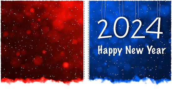 Bright red maroon and royal blue colored horizontal background with text Happy New Year 2024. Can be used as Xmas , New Year celebrations background, wallpaper, gift wrapping sheet. Small glitter like or glittery dots shining here and there. There are two vertical stripes or bands dividing the illustration into two partitions or divisions.