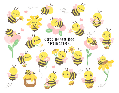 Cute bee Baby with honey and flowers Cartoon collection in adorable poses collection. Kawaii Animal Drawing for Spring & Summer.