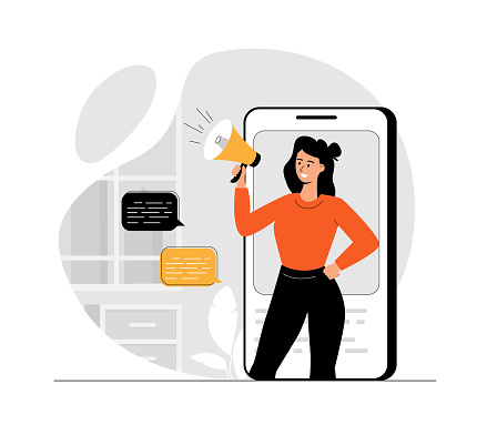 Outbound marketing concept. Business product promotion. Woman making advertising campaign and sending promo letters for attract client. Illustration with people scene in flat design for website