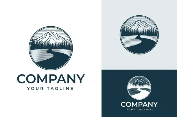 Vector illustration of Mountain Peak Peak with Forest Silhouette Larch Tree Fir Pine Black White for Adventure Vintage Circle Label Design Logo Landscape Outdoor