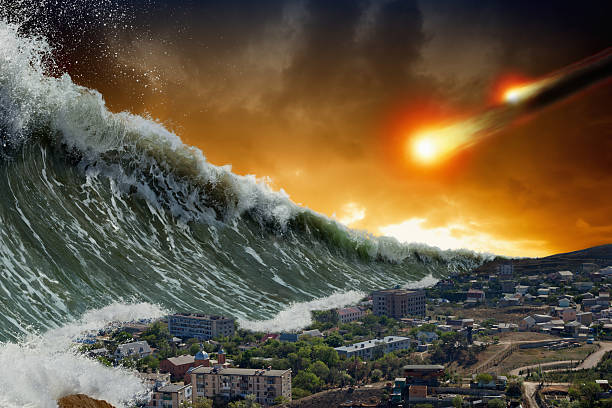 tsunami wellen, asteroid auswirkungen - countdown to armageddon stock-fotos und bilder