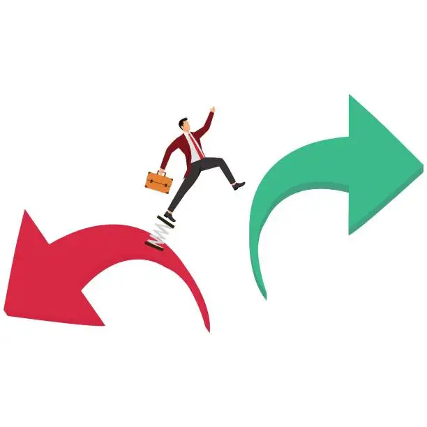 Vector illustration of Jumping from falling arrow to rising arrow Businessman