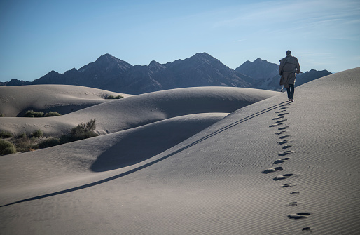 A Man is walking through virgin dunes at sunrise in the Gobi Desert in southern Mongolia.