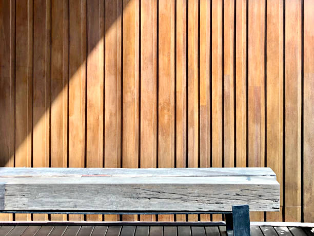 istock waiting area solid geometric texture wood bench with steel leg on stripe wood floor on vertical random size wood stripe background under morning sunlight shade 1846708387