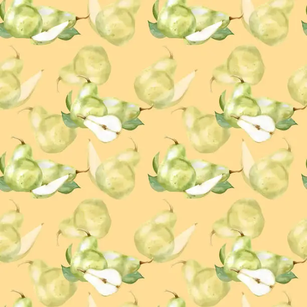 Photo of Watercolor green pears seamless pattern on peach color background. Summer fruit background for textile, packing, decor design. Pear and slices with green leaves for kitchen,wallpaper decoration