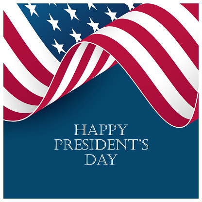 US President's Day greeting card with waving American flag. United States Presidents Day holiday. Vector illustration.