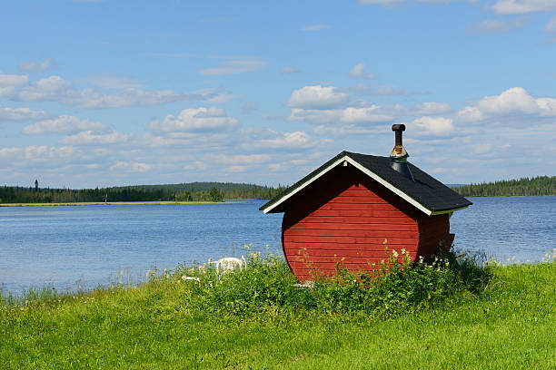 istock Finnish sauna on shore of blue lake 184674075