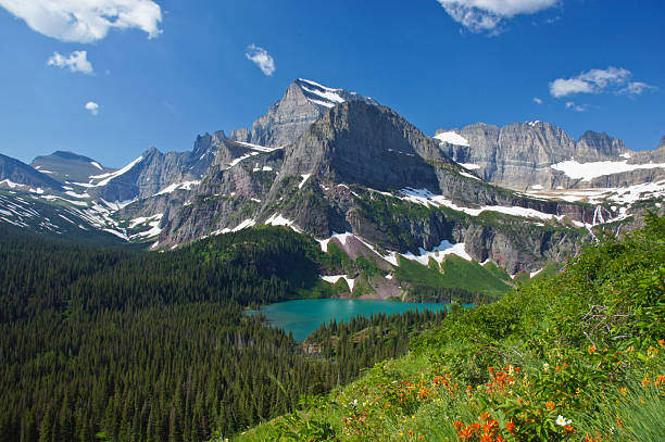 grinnell lago no parque nacional glacier - mount grinnel imagens e fotografias de stock