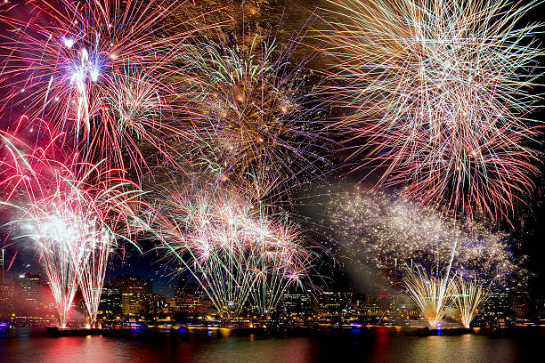 istock Fireworks Background with City Skyline 184674952