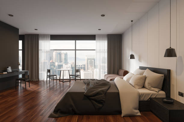 istock White and gray bedroom interior with workplace 1846766488