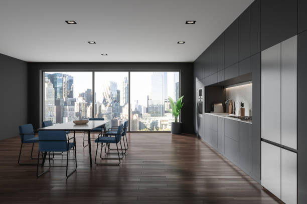 istock Luxury home kitchen interior with eating and cooking zone, panoramic window 1846767008
