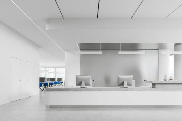 istock Office room interior with business workspace, chairs and panoramic window 1846768615