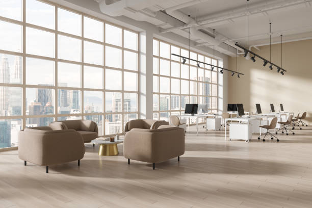 istock Cozy office interior with relax and coworking corner, panoramic window 1846769684