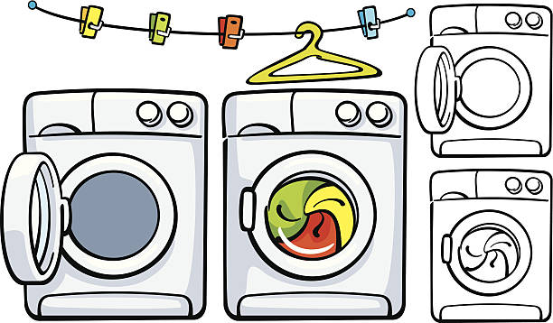 clothesline with clothespins and washer machine in two variants vector art illustration