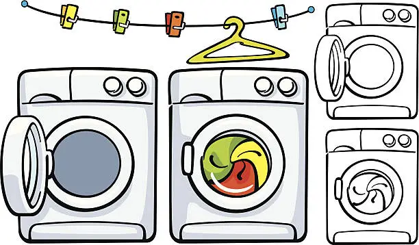 Vector illustration of clothesline with clothespins and washer machine in two variants