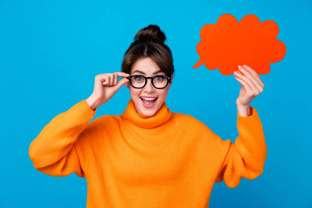 istock Photo of clever excited lady wear knitted pullover spectacles rising mind cloud empty space isolated blue color background 1846771268