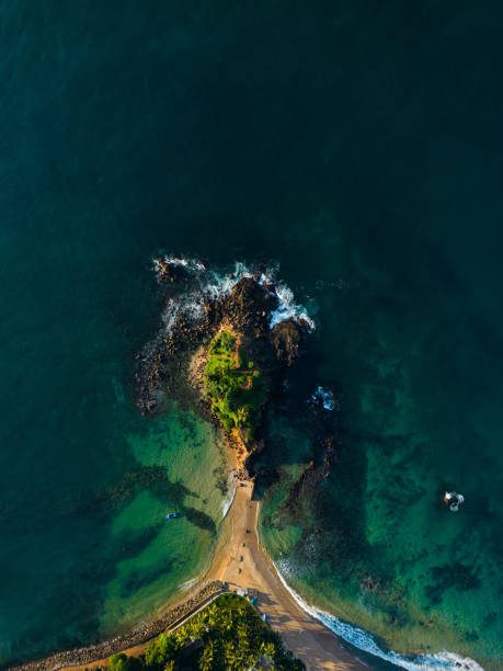 Aerial view of sandy trail dividing turquoise ocean and rough cliffs. Drone photo of scenic beach peninsula, rugged shoreline, clear sea waters for travel and nature themes. Parrot Rock, Sri Lanka. vista aérea del sendero de arena que divide el océano turquesa y los acantilados ásperos. foto de dron de la pintoresca península de la playa, costa escarpada, aguas cristalinas para viajar y temas de la naturaleza. parrot rock, sri lanka.
