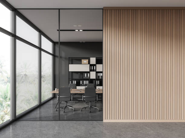 istock Modern office room interior with meeting table and chairs, window. Empty wall 1846775070