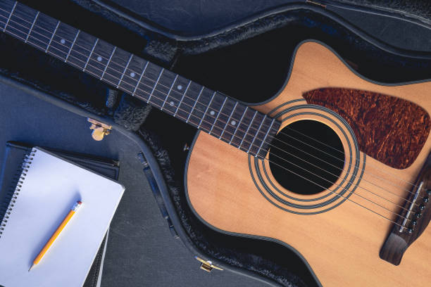 istock Acoustic guitar and notepad with pencil, top view. 1846777181