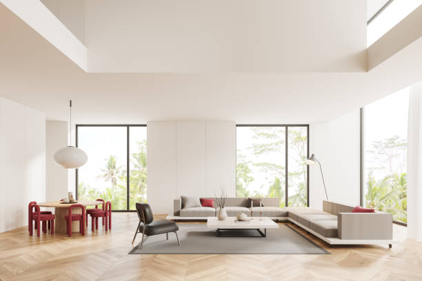 istock Light home living room interior with dining table and chill place, window 1846777211