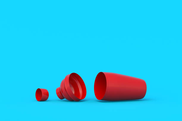 istock Scattered cocktail shaker on blue background. Bar accessories. Alcohol beverages mixer. Tool for bartender. Drink mix equipment. Copy space. 3d render 1846777756