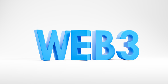 Big web 3.0 letters on wide format white background. Next generation of world wide web. Concept of decentralized information and distributed social network. 3D rendering illustration