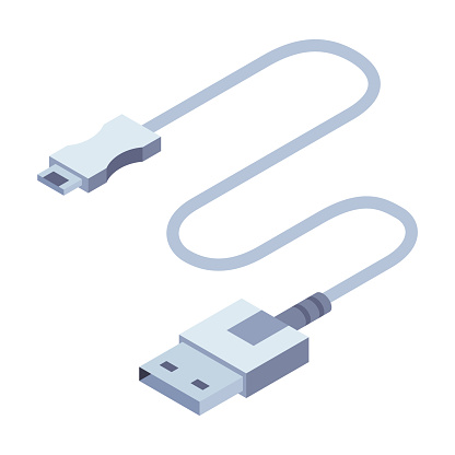Charger isometric icon. USB socket plug in. Mobile phone charger, charging equipment. Vector illustration for web design isolated on white background.