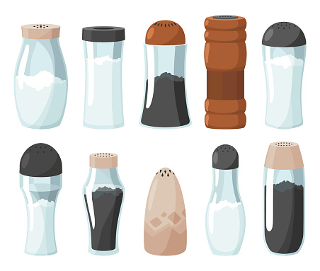 Salt and pepper icon set. Glass jars, saltcellar with kitchen seasonings, flavoring for sprinkling spicy powder. Ingredients, condiments for food. Vector illustration of spice powder food.