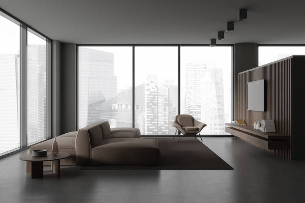 istock Grey home living room interior with couch and tv screen with panoramic window 1846784428