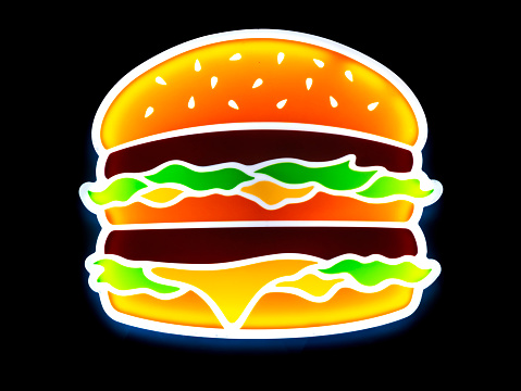 hamburger symbol with neon illumination closeup view