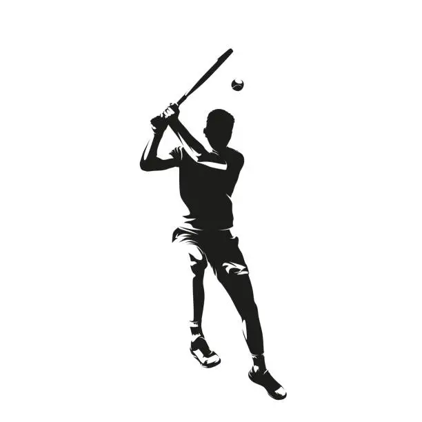 Vector illustration of Tennis player, isolated vector silhouette, ink drawing. Tennis logo