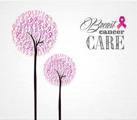 Global collaboration breast cancer awareness concept illustration. Abstract forest trees composition with pink ribbon symbols. 