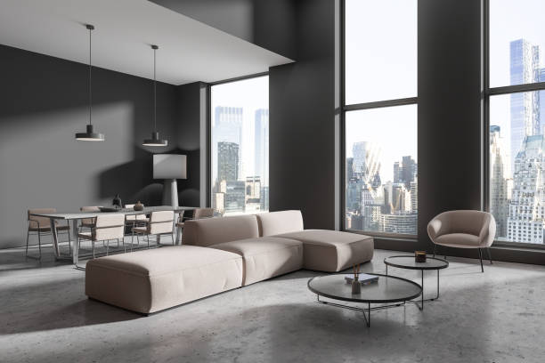 istock Grey home living room interior with relaxing and dining zone, window 1846796915