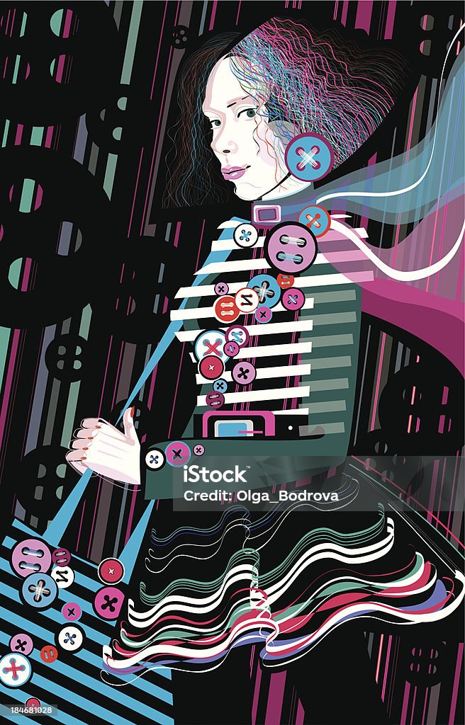 Mujer joven usando vestidos de estilo casero con botones - arte vectorial de A la moda libre de derechos