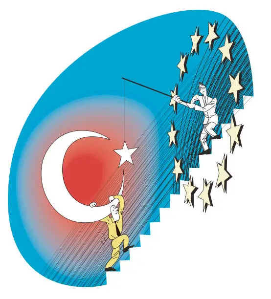 Vector illustration of The European Union throws fishing hooks at Turkey